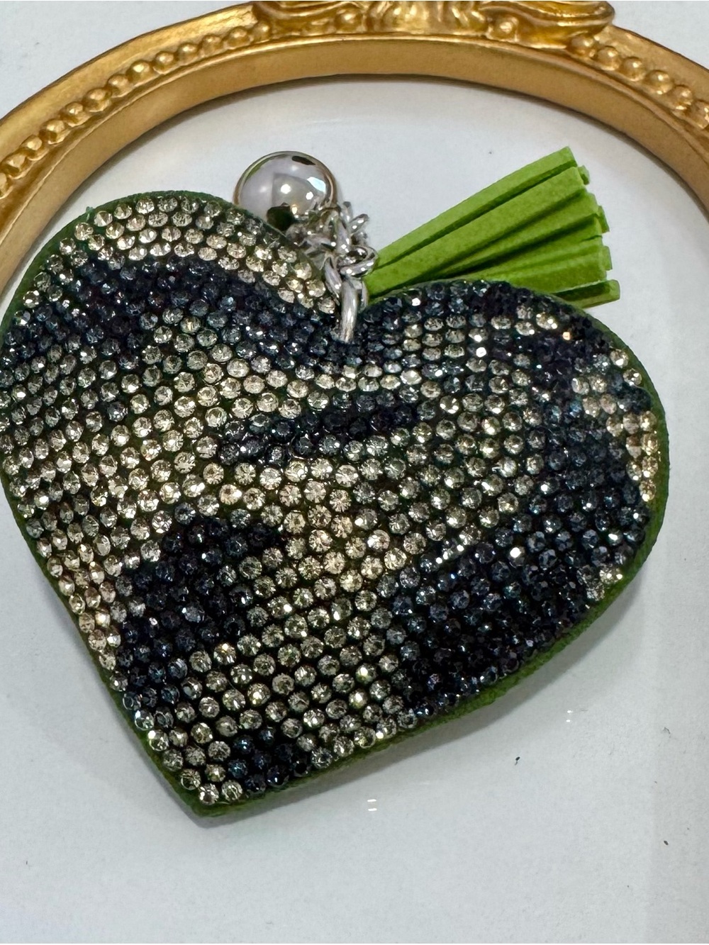 New Sparkle Green Camo Heart Keychain